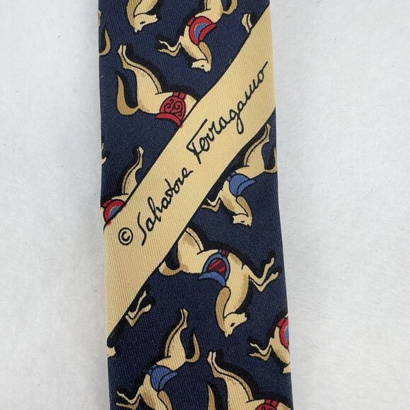 Salvatore Ferragamo 100% Silk Tie Necktie Dark Navy Horse Print Made in Italy‎ - Picture 7 of 8